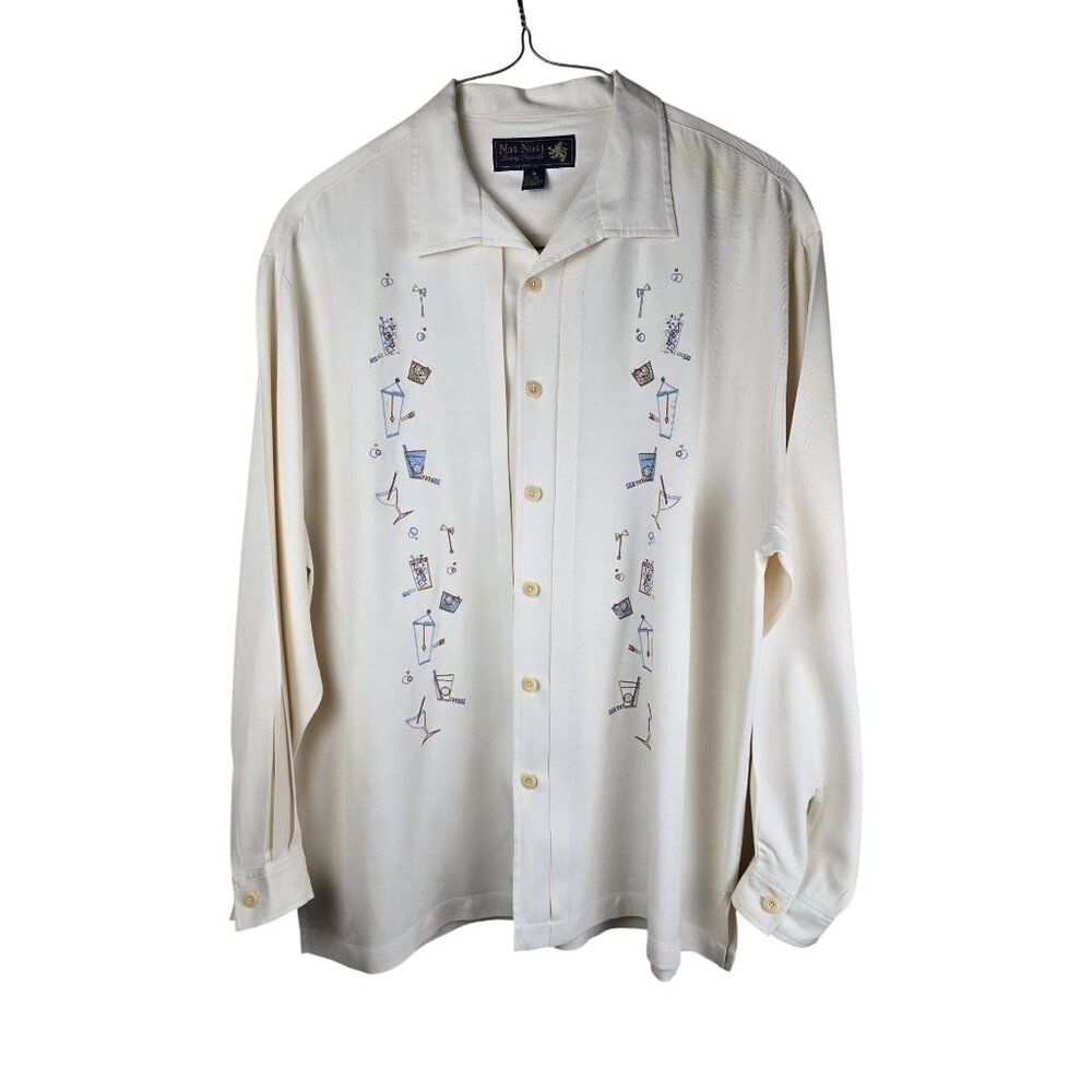 Nat Nast Mens XL Limited Edition No. 67 100% Silk‎ Embroidered Bowling Shirt